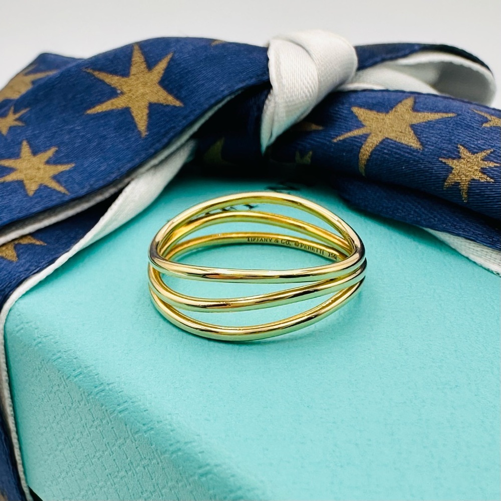 Tiffany & Co Elsa Peretti 18k Yellow Gold Three Row Wave Ring with Packaging